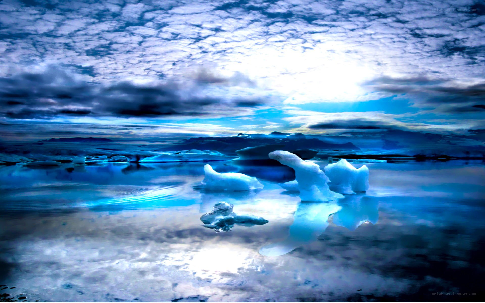 Icebergs in a blue lagoon