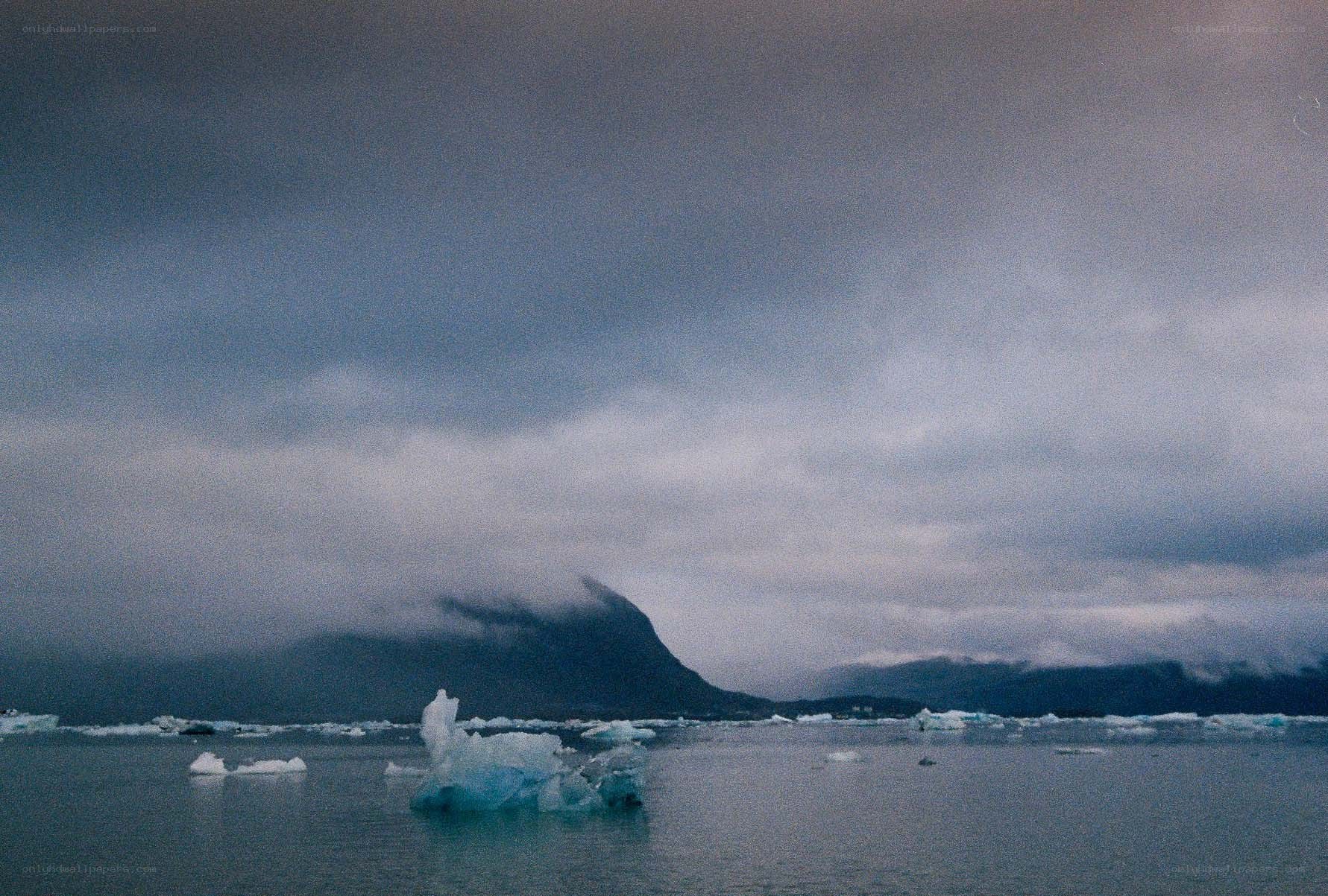 Icebergs in a cloudy bay