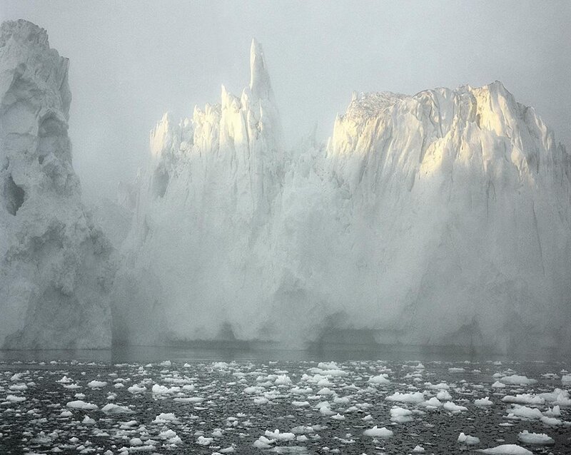 Icebergs in a foggy sea