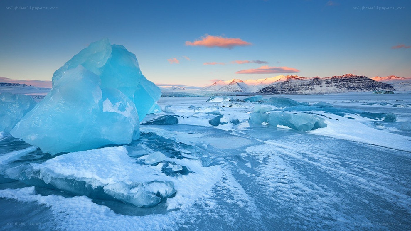 Icebergs in a frozen landscape