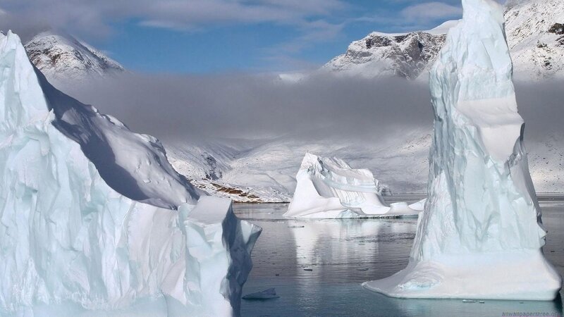 Icebergs in a polar landscape