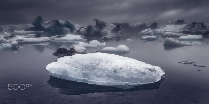 Icebergs in Calm Water — Blue, Dramatic, Photograph