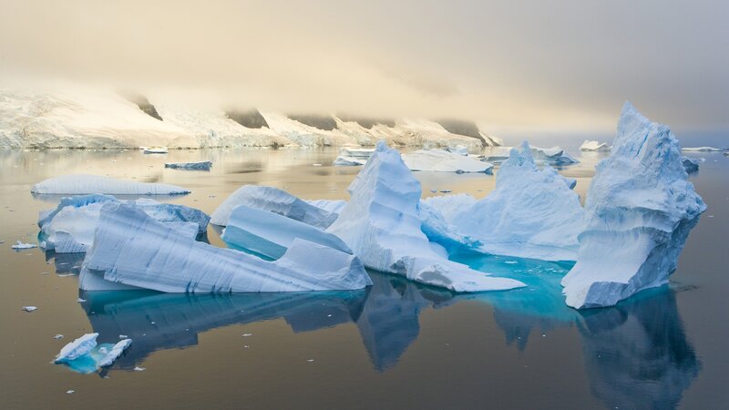 Icebergs in Calm Water — Blue, Serene, Morning, Photograph, Mountains