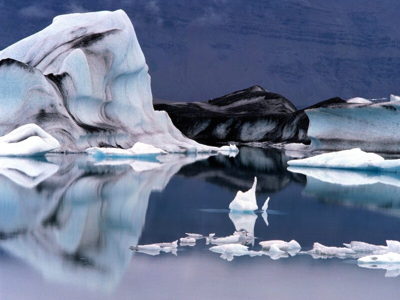 Icebergs in Calm Water — Blue, Serene, Photograph, Mountain