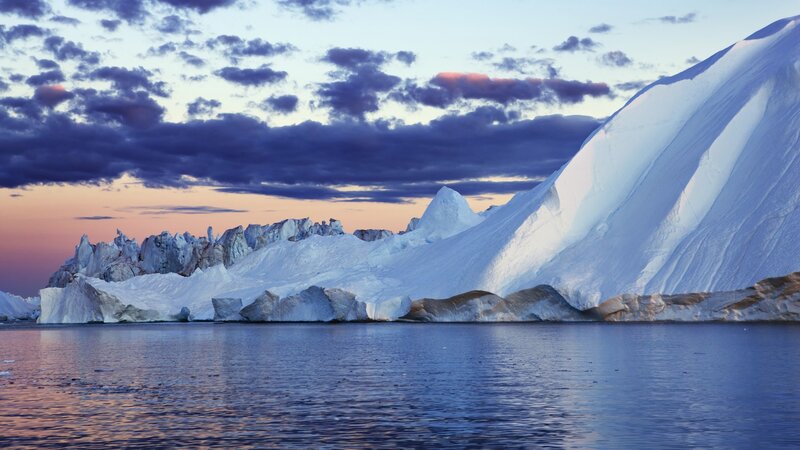 Icebergs in Calm Water — Blue, Serene, Sunset, Photograph, Sky, White