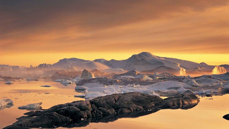 Icebergs in Calm Water — Orange, Serene, Sunset, Photograph, Mountains