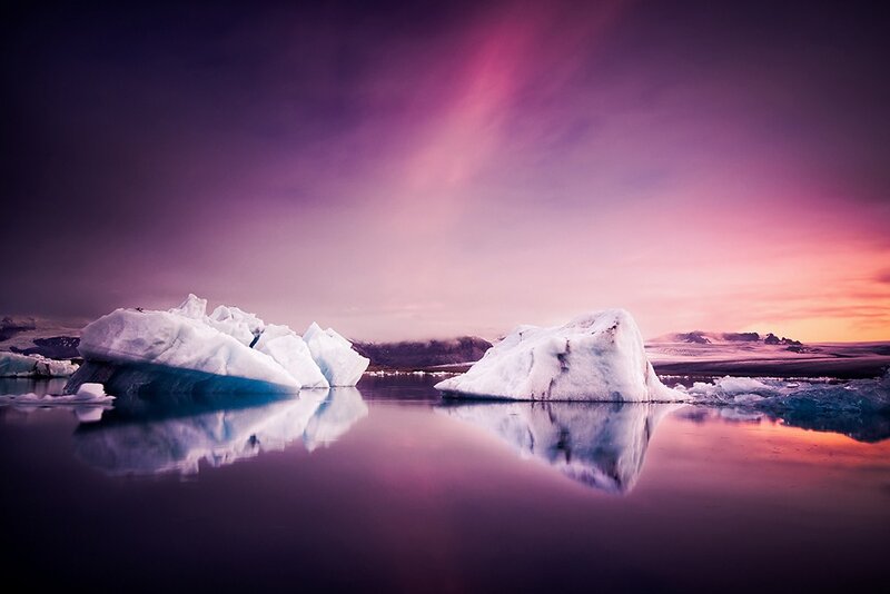 Icebergs in Calm Water — Purple, Serene, Sunset