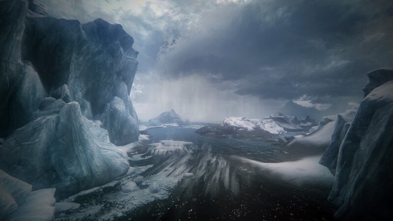Icebergs in Dark Water — Blue, Dramatic