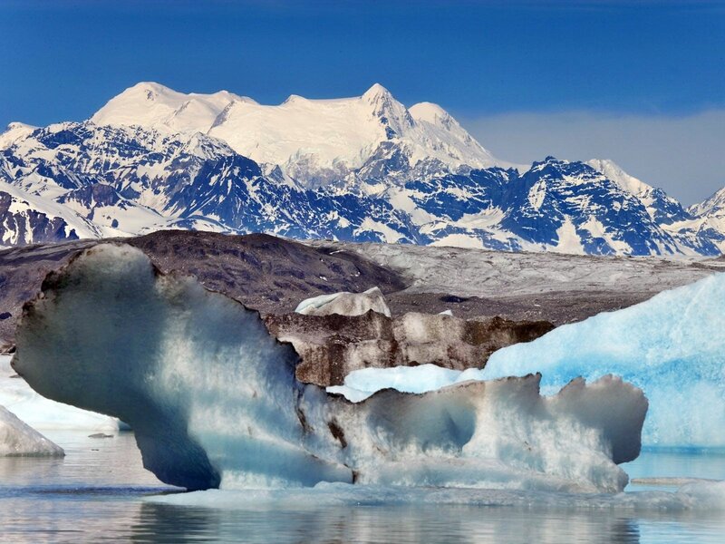 Icebergs in front of snowy mountains