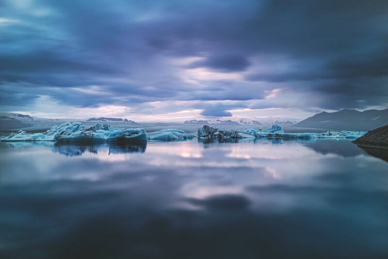 Icebergs in Glacial Lagoon — Blue, Serene, Dusk