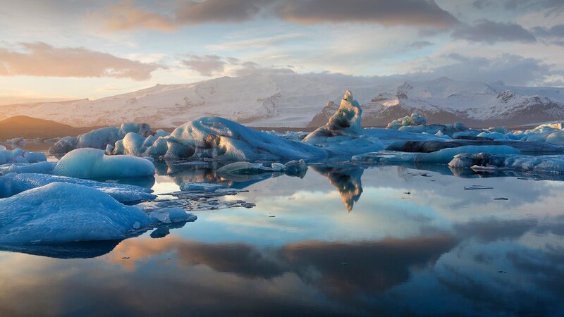 Icebergs in Glacial Lagoon — Blue, Serene, Sunset, Photograph, Glacier, Mountains, Reflection