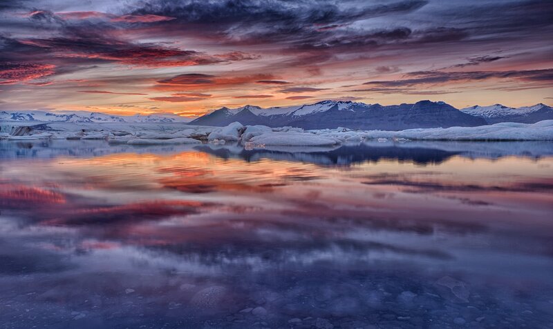 Icebergs in Glacial Lagoon — Purple, Dramatic, Sunset