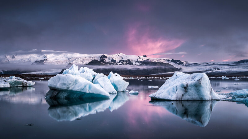 Icebergs in Glacial Lagoon — Purple, Dramatic