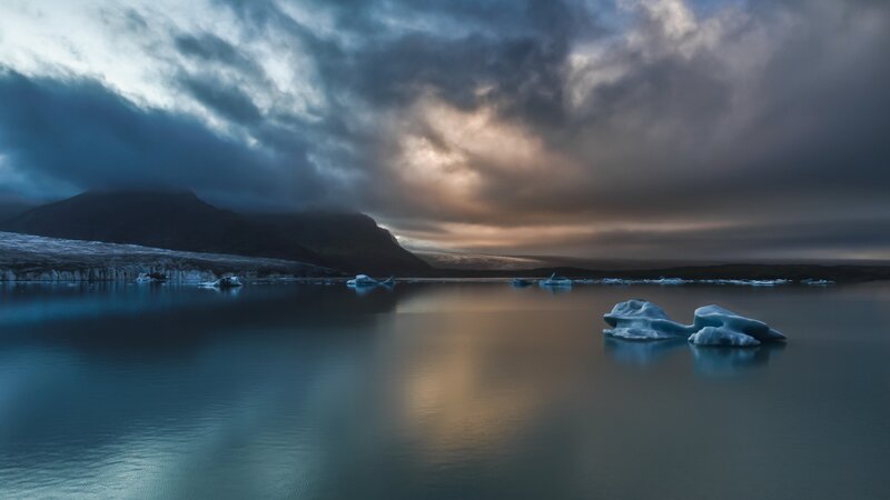 Icebergs in Lagoon — Blue, Dramatic, Sunset, Photograph