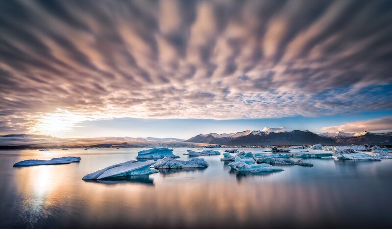 Icebergs in Lagoon — Blue, Serene, Sunrise