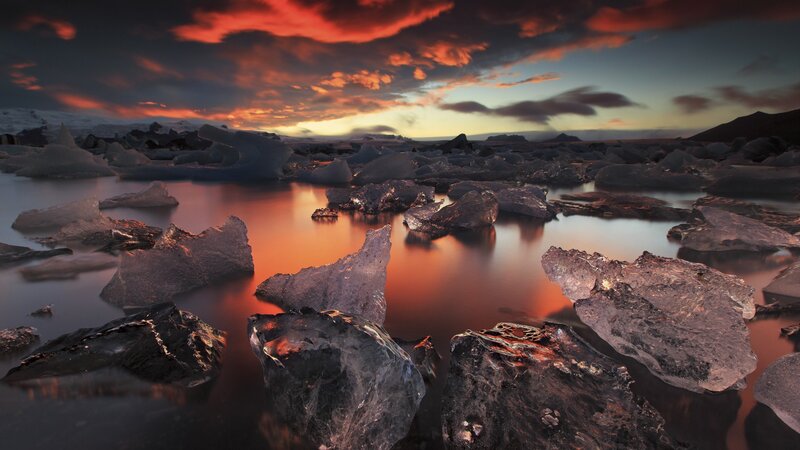 Icebergs in Lagoon — Orange, Dramatic, Sunset