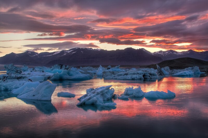 Icebergs in Lagoon — Red, Dramatic, Sunset