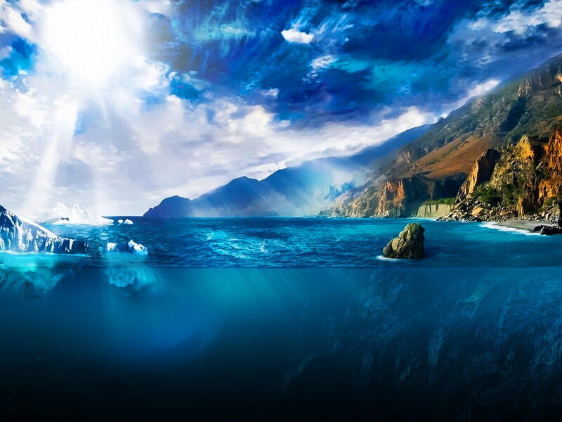 Icebergs in Ocean — Blue, Dramatic, Morning
