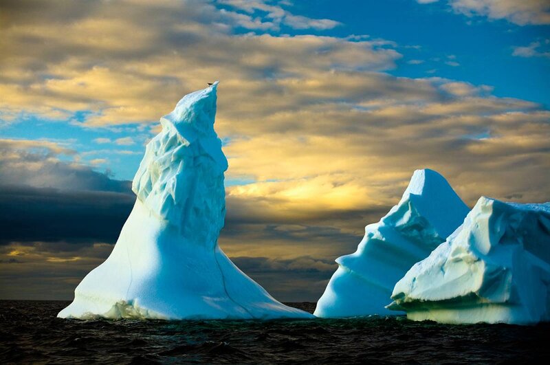 Icebergs in Ocean — Blue, Dramatic, Sunset