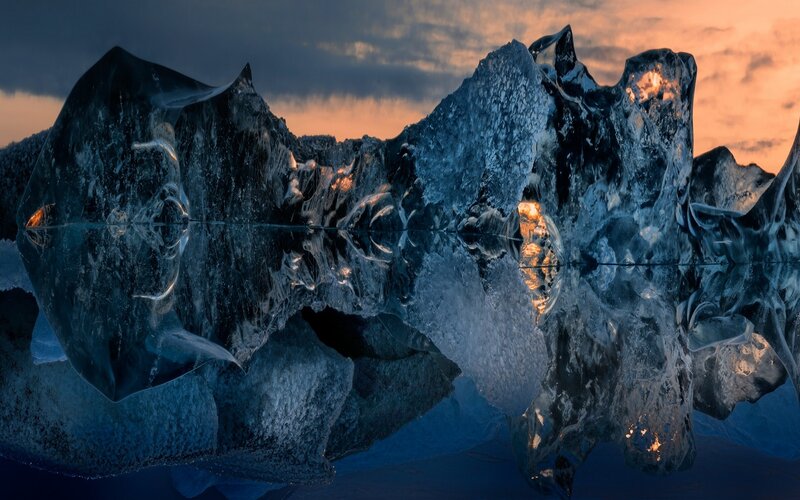 Icebergs in Water — Blue, Dramatic, Sunset
