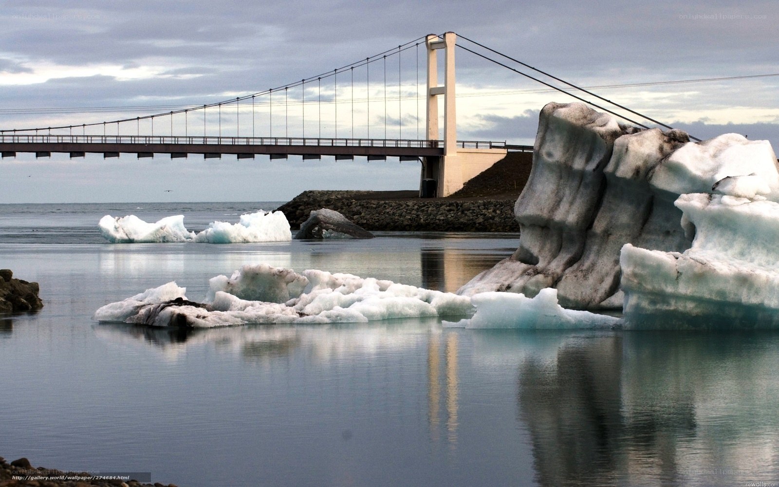 Icebergs near a suspension bridge