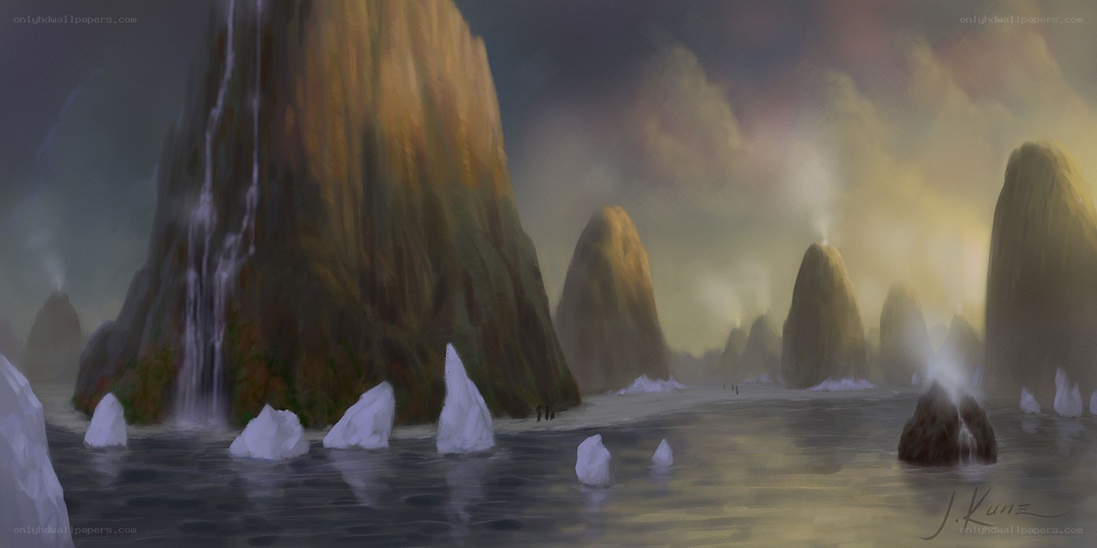 Icebergs near rocky cliffs