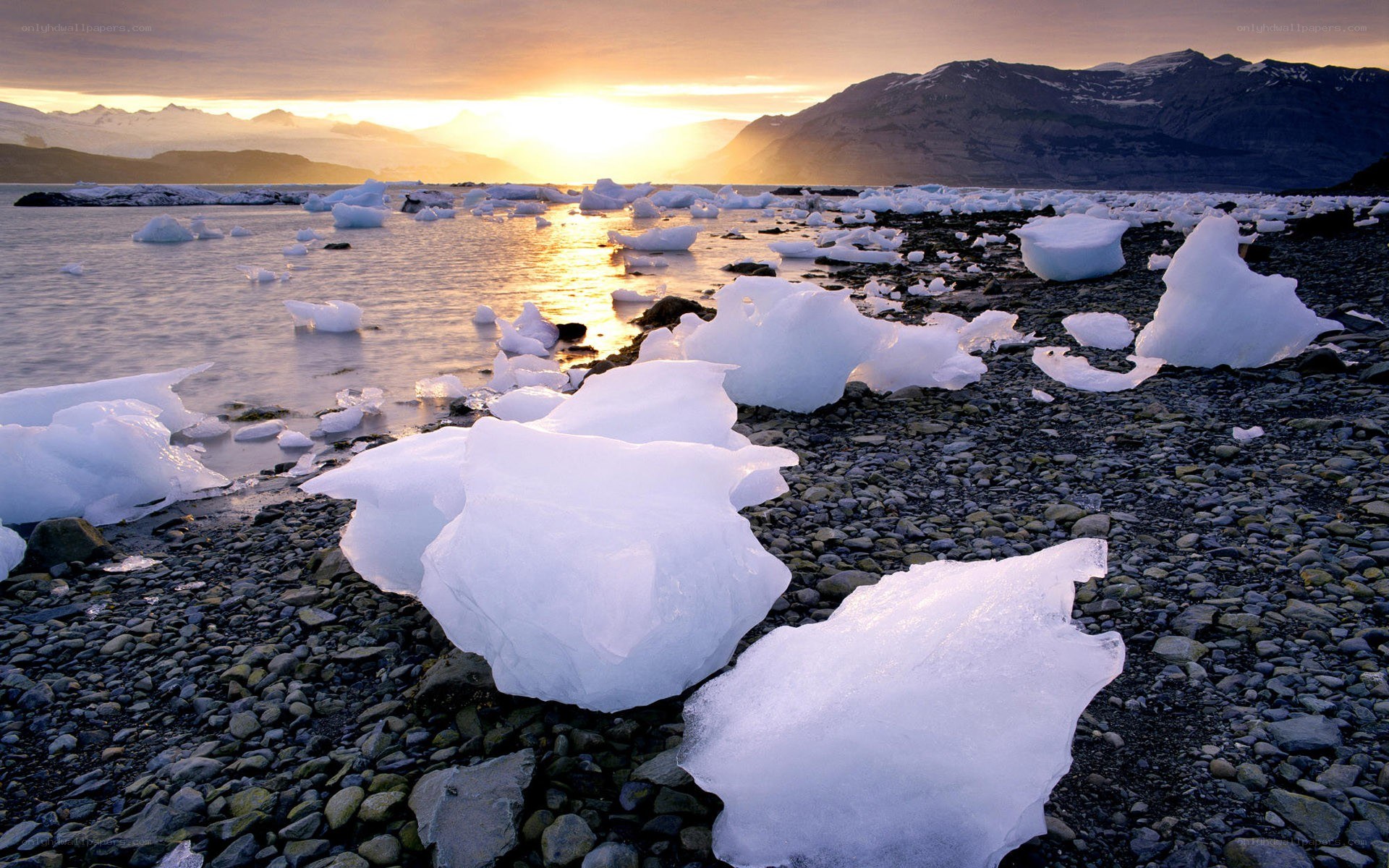 icebergs on a pebble beach