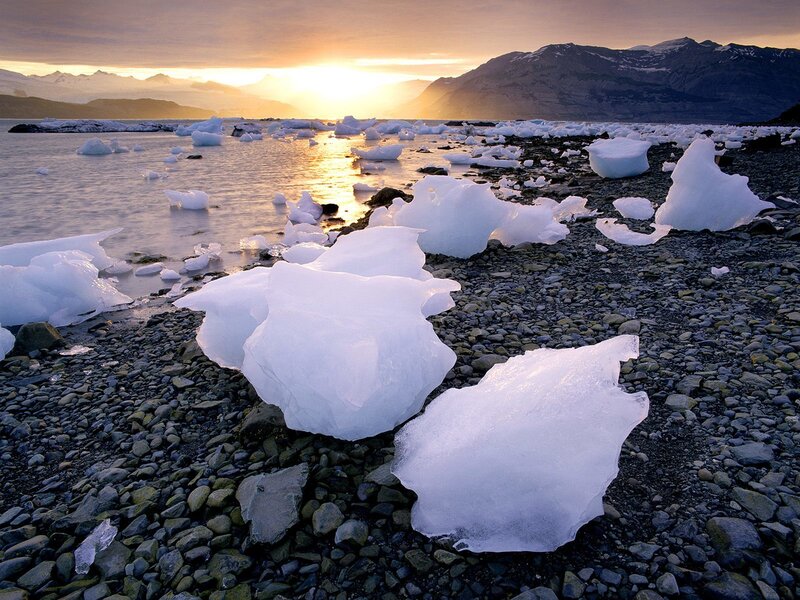 Icebergs on a rocky shore at sunset