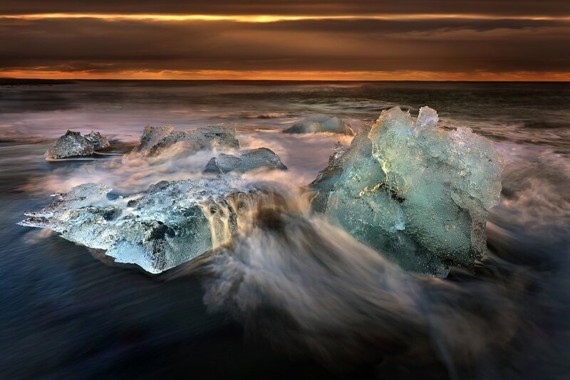 Icebergs on Beach — Blue, Dramatic, Sunset