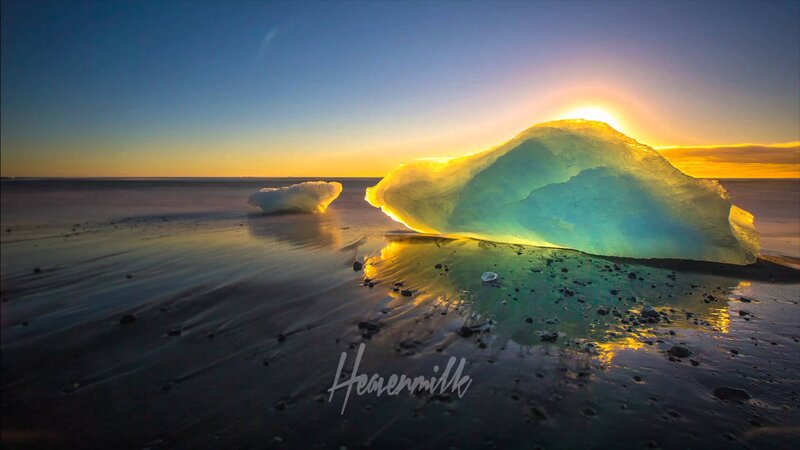 Icebergs on Beach — Blue, Serene, Sunset