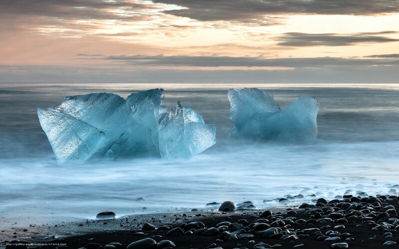 Icebergs on Black Sand Beach — Blue, Serene, Sunset