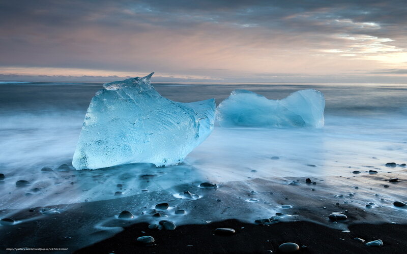Icebergs on Black Sand Beach — Blue, Serene