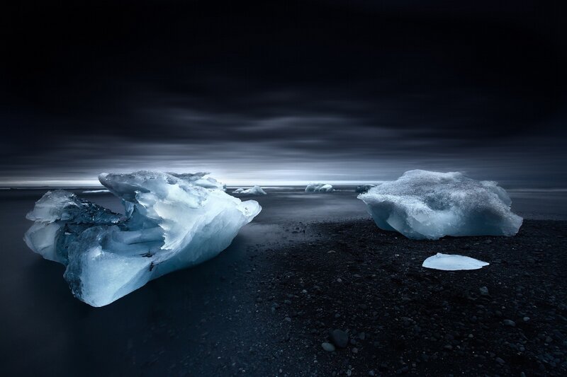 Icebergs on Black Sand — Blue, Dramatic, Night