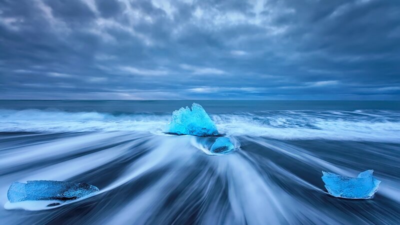 Icebergs on Black Sand — Blue, Dramatic, Photograph, Ocean