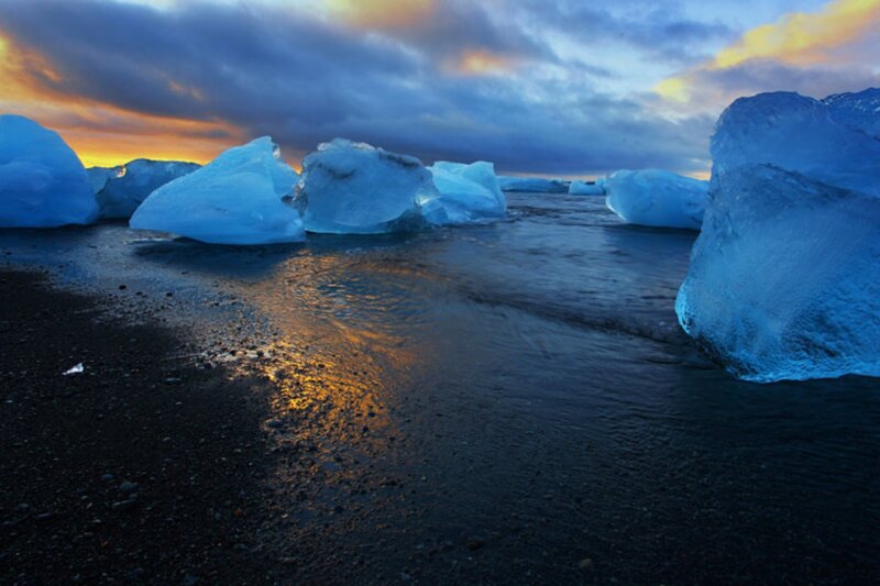Icebergs on Black Sand — Blue, Dramatic