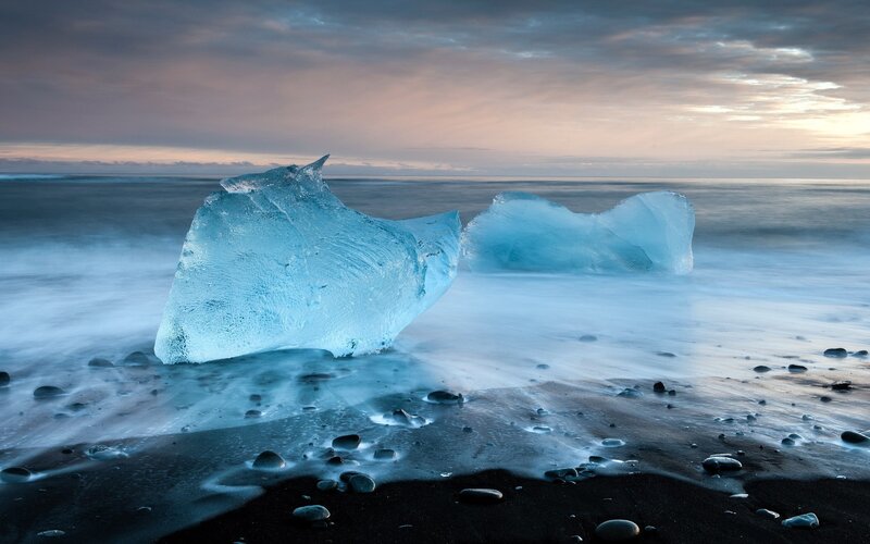 Icebergs on Black Sand — Blue, Serene