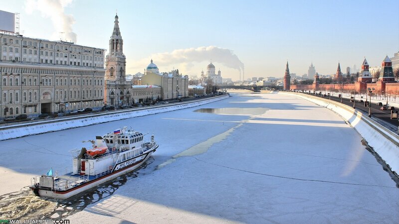 Icebreaker Boat on Frozen River