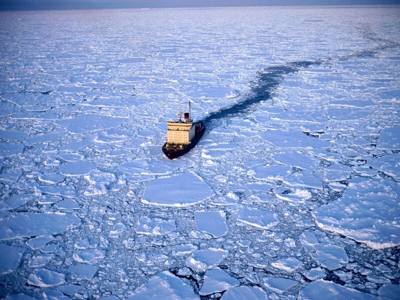 Icebreaker ship in Arctic sea