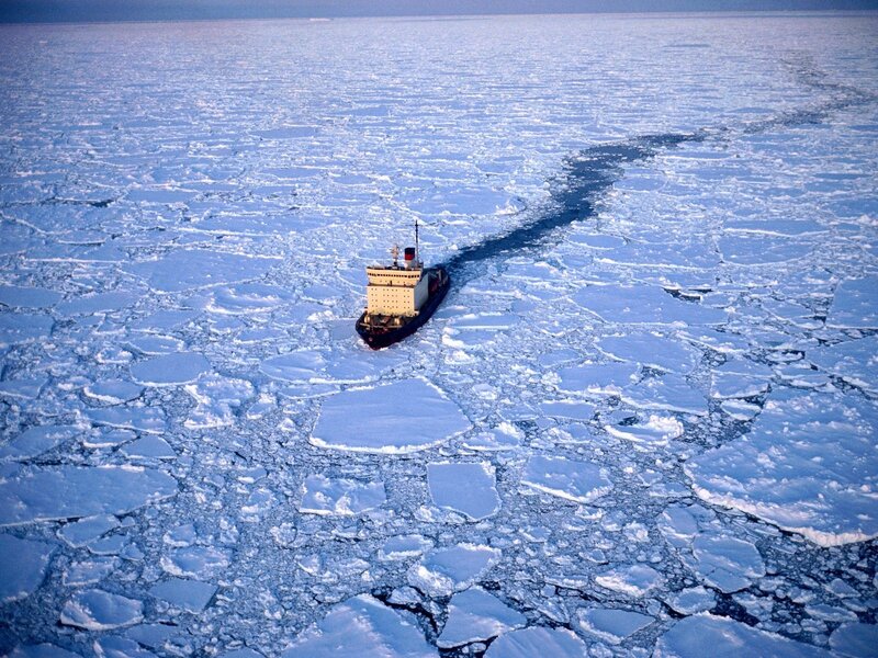 Icebreaker ship in Arctic sea
