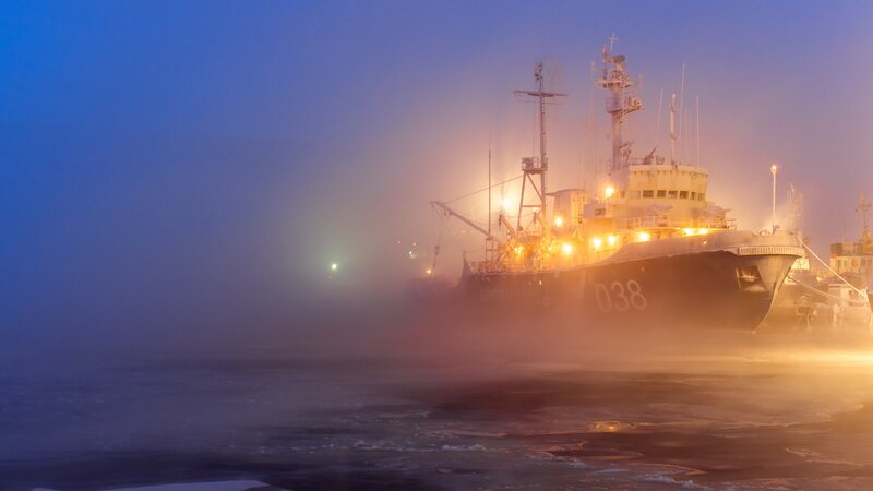 Icebreaker Ship in Fog