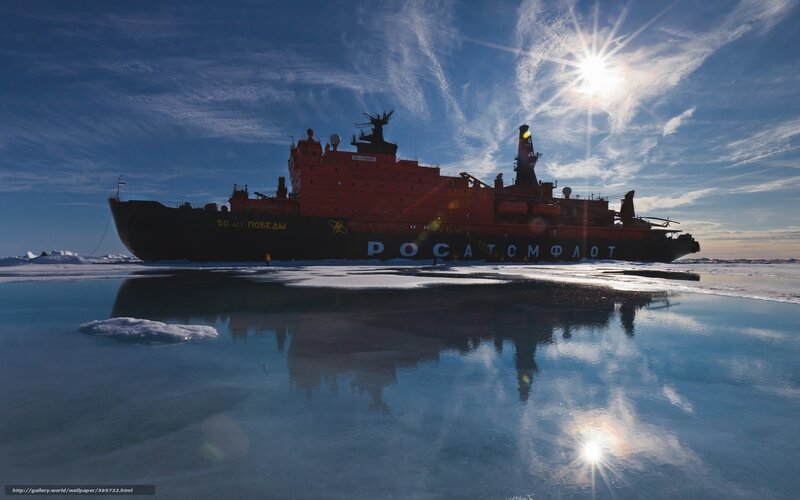 Icebreaker Ship in Ice — Blue, Dramatic, Winter, Photograph, Sun, Reflection