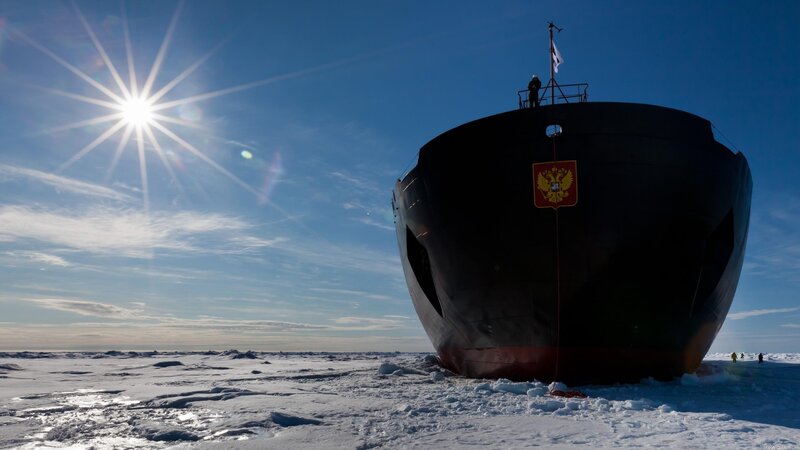 Icebreaker Ship in Ice — Blue, Dramatic, Winter, Photograph, Sun, Sky
