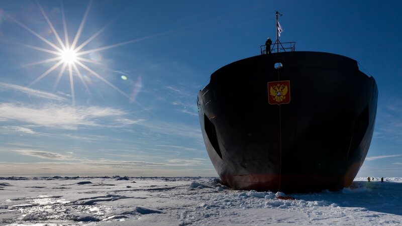 Icebreaker Ship in Ice — Blue, Dramatic, Winter, Photograph, Sun