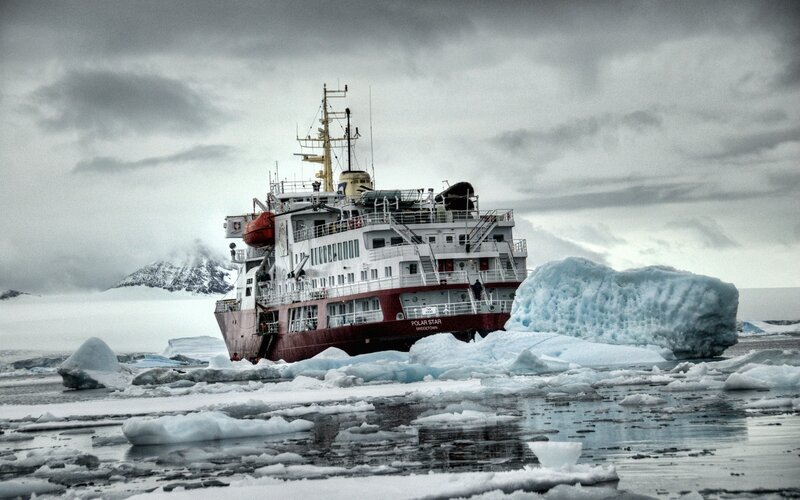 Icebreaker Ship in Ice — White, Dramatic, Photograph