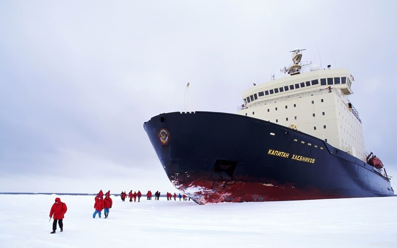 Icebreaker ship on sea ice