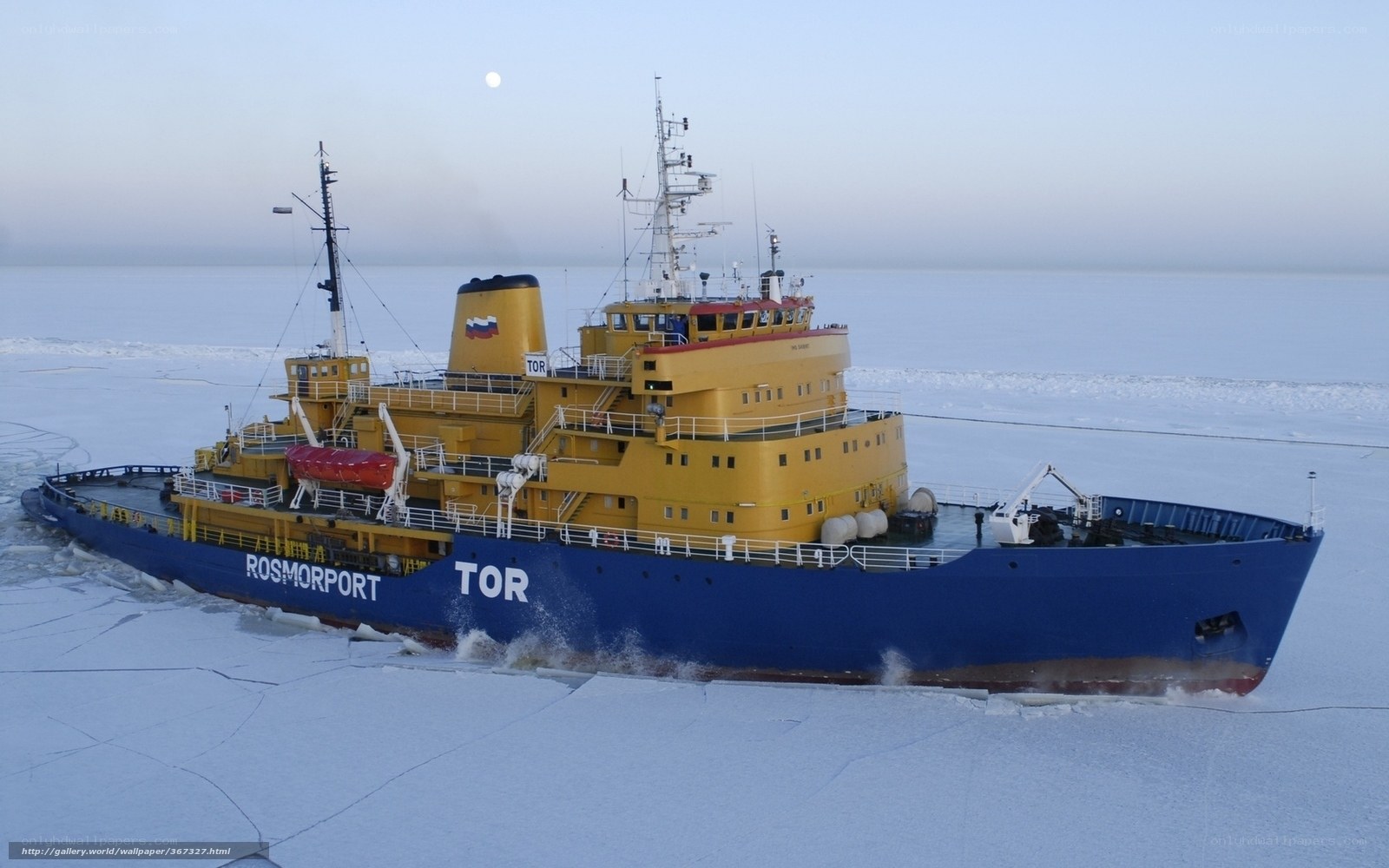 Icebreaking ship in frozen sea