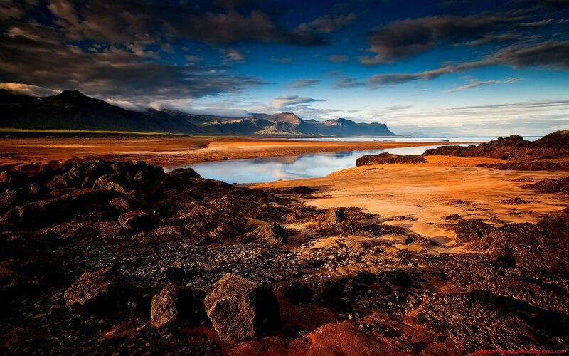 Icelandic coastal landscape at sunset