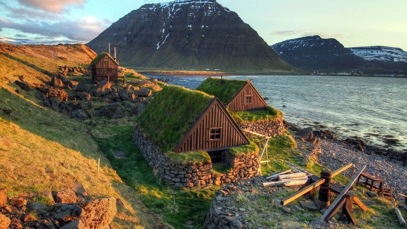 Icelandic turf houses by the sea