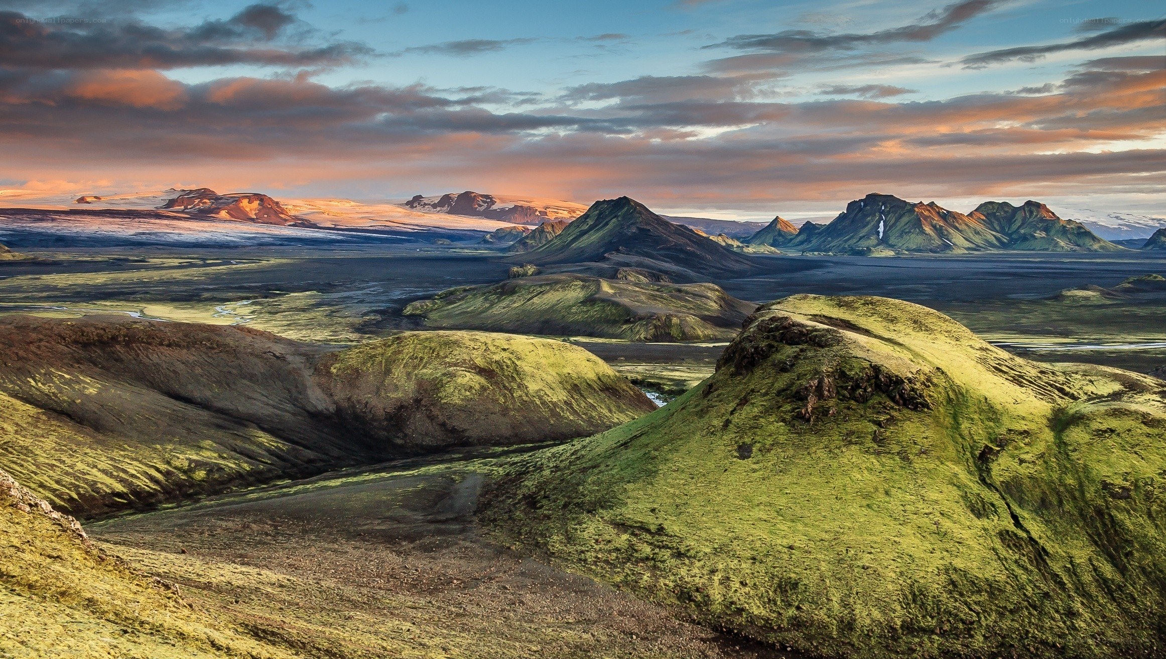 Icelandic volcanic landscape at sunset
