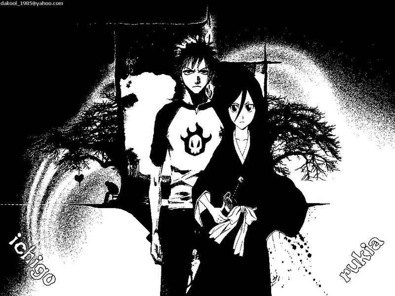 Ichigo and Rukia in black and white